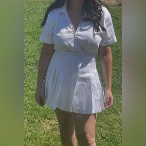 White Pleated Short Sleeve Skort  Dress